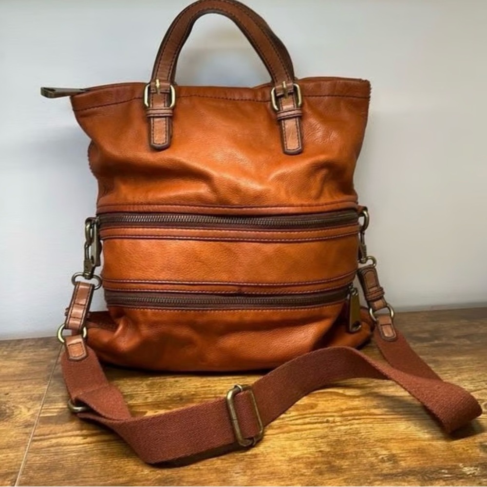 FOSSIL EXPLORER Orange Leather Foldover Crossbody Tote Shoulder Bag EUC $250